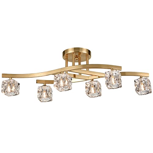 DANSEER Modern Crystal Ceiling Light Fixture Gold Lighting with Glass Ice Cube 6 Lights