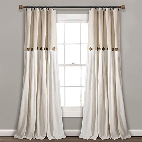 Lush Decor Linen Button Window Curtain Panel, Single, 40" W x 84" L, Linen - Country Curtains - Rustic Decor - Color Block Modern Farmhouse Curtains For Living Room, Bedroom & Dining Room