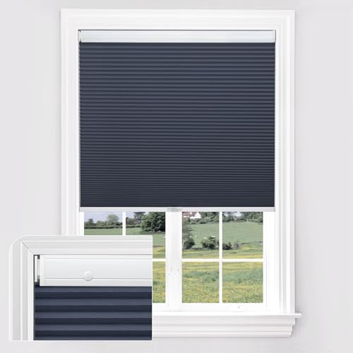 UrMoon No Tools No Drill Cordless Cellular Shades for Windows Tension Honeycomb Window Shades Blinds for Indoor Windows, Easy to Install, Blackout Navy Blue, Custom Sizes