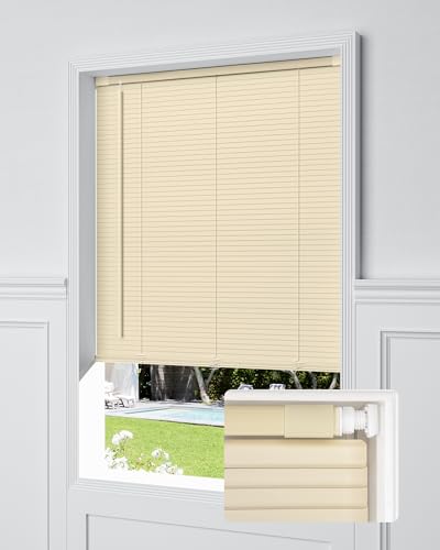 No Tools No Drill Cordless Mini Blinds, 100% Privacy L-Shaped Blades 1" Vinyl Blinds for Indoor Windows, Size (34 1/8" W × 48" H) Color (Beige)