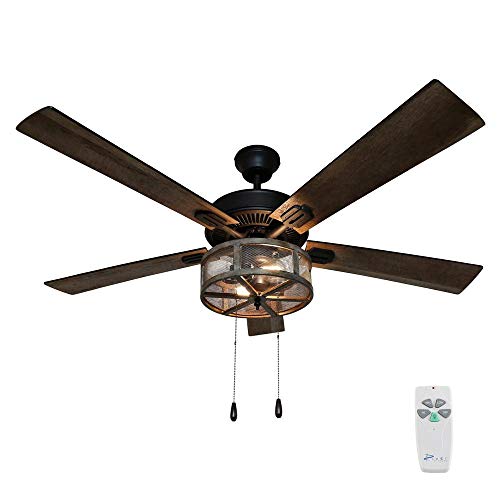 RIVER OF GOODS 52 Inch LED Modern Farmhouse Ceiling Fan with Remote - Rustic Ceiling Fans with Lights - Elegant Industrial Fan with Mesh Metal Caged Shade - Brown