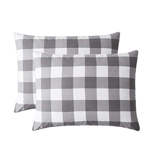 Wake In Cloud - Plaid Pillow Cases, Buffalo Check Gingham Checkered Farmhouse, Set of 2 Soft Pillowcases Pillow Shams Covers, Gray White, Standard Size 20x26 Inches