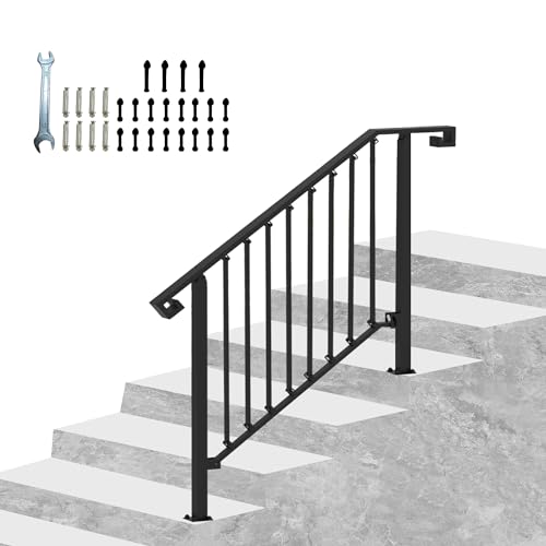 Handrails for Outdoor Steps, Outdoor Stair Railing Fits 4 Steps, Wrought Iron Handrail with Installation Kit, Sturdy Outdoor Handrails for Garden, Yard or Porch