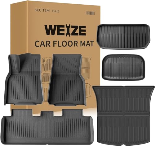 Weize Floor Mats for Tesla Model Y 5-Seat 2021-2023 2022 2024 All Weather TPE Cargo Liner Floor Mats and Cargo Trunk Mats Accessories, Set of 6 Mats (Not Fit 7-Seat)