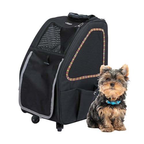 Petique 5-in-1 PET Carrier, Features: Rolling, Top Handle, Backpack, Luggage Attachment, Car Seat All in ONE for Small to Medium Dog, Cat, Bunny, Supports Pets up to 25LBS - Sunset Strip