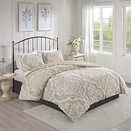 Madison Park Tufted Chenille Cotton Comforter All Season Bedding Set, Matching Shams, Full/Queen(90"x90"), Viola, Damask Taupe 3 Piece (MP10-7102)