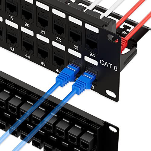 iwillink 10Gbps Patch Panel 48 Port, RJ45 Through Coupler Cat6 Patch Panel, 2U UTP Patch Panel 19-Inch with Back Bar, Wallmount or Rackmount, Compatible with Cat5, Cat5e, Cat6 Cabling