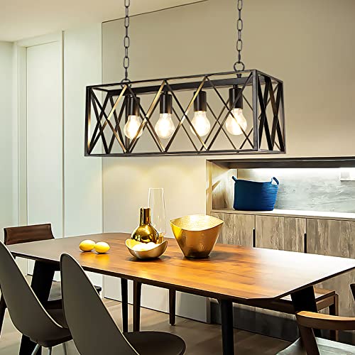 Depuley 4-Light Farmhouse Kitchen Island Pendant Lighting, Industrial Black Chandelier Light Fixture Ceiling Hanging with Metal Frame for Dining Room Living Room Restaurant, E26 Bulb Included